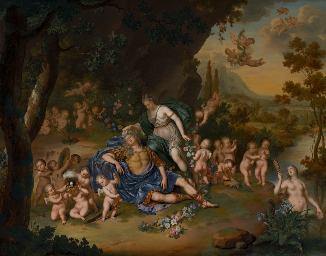Armida binder den sovande Rinaldo med blommor av Willem Van Mieris