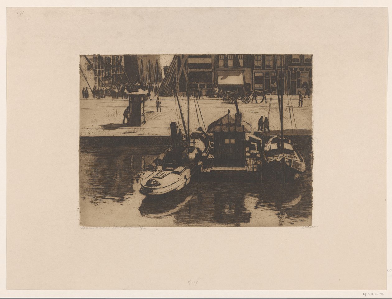 Förtöjda båtar vid Damrak i Amsterdam av Willem Witsen (signed by artist)