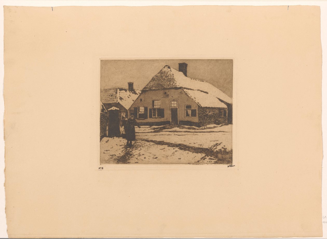 Snötäckta hus på en väg i Ede av Willem Witsen (signed by artist)
