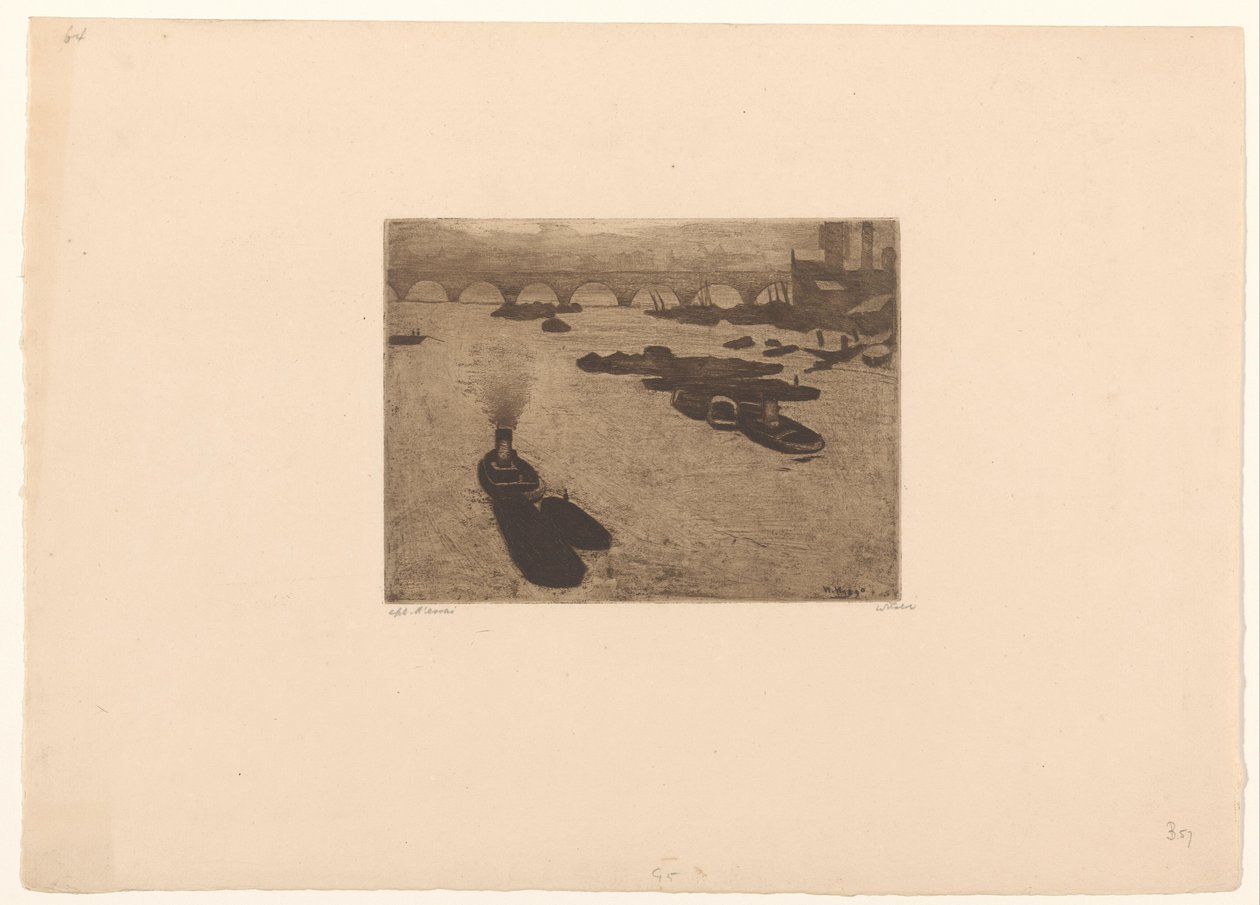 Båtar på Themsen i London av Willem Witsen (signed by artist)