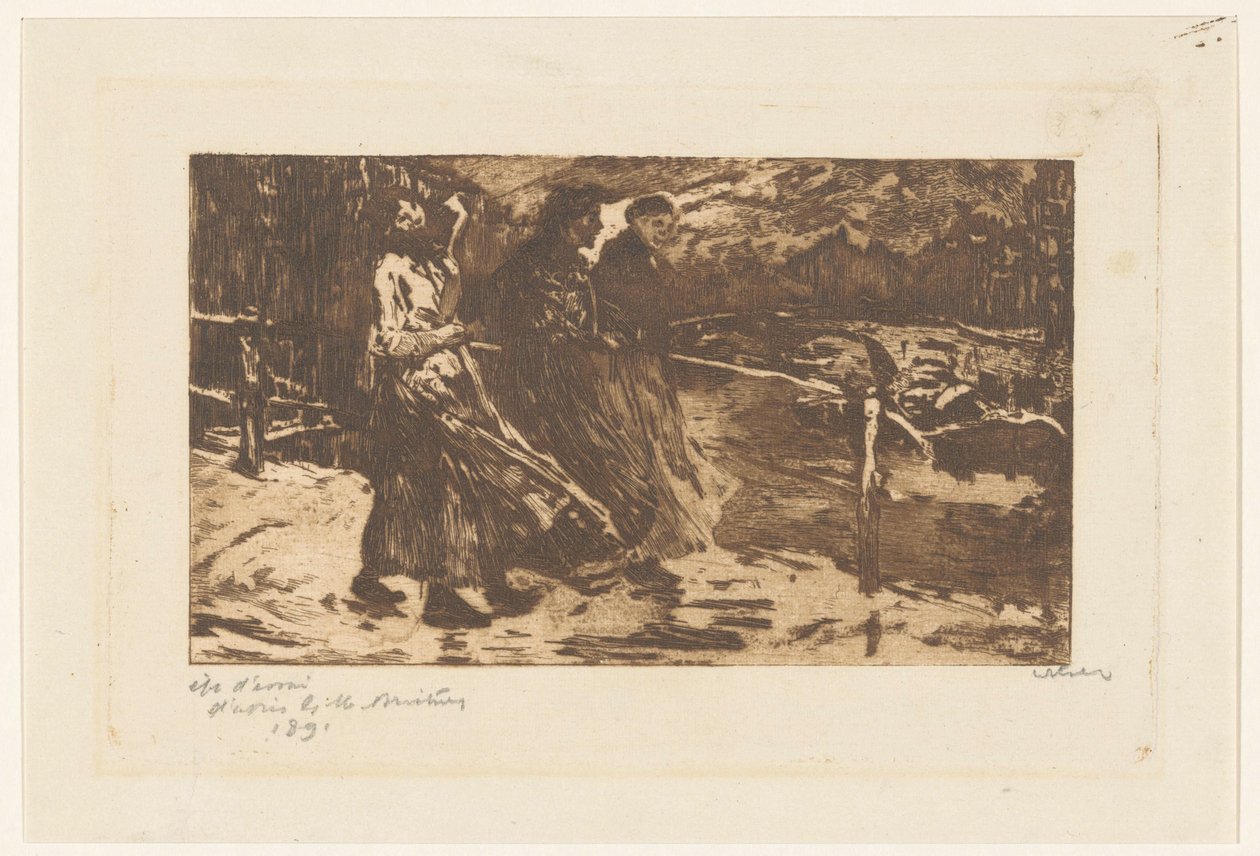 Tre kvinnor på en bro i regn och blåst av Willem Witsen (signed by artist)