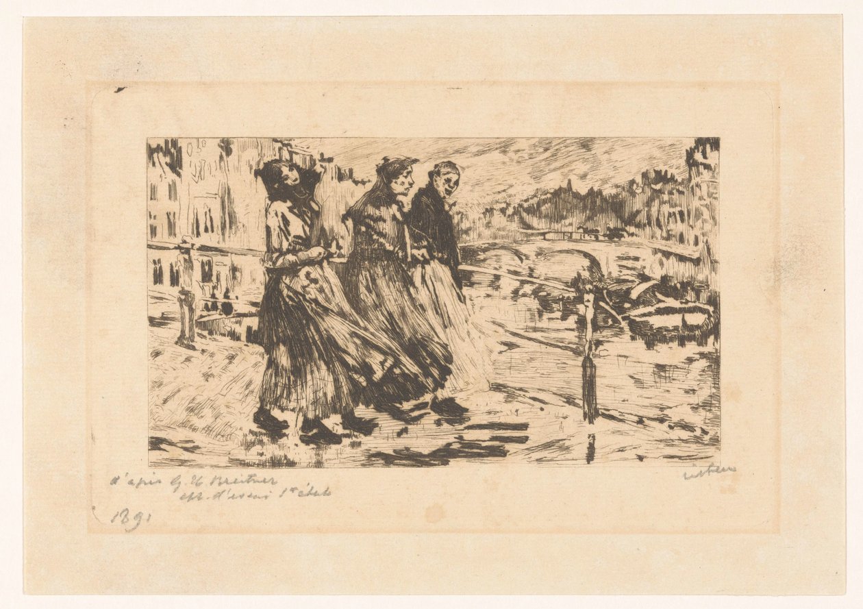 Tre kvinnor på en bro i vind och regn av Willem Witsen (signed by artist)