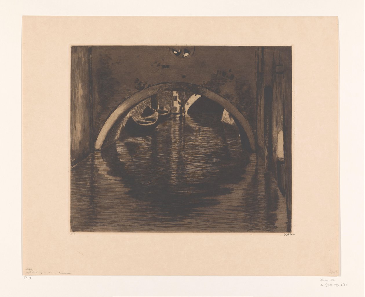 Utsikt under en bro med två roddbåtar Under bron, Venedig (originaltitel) av Willem Witsen (signed by artist)