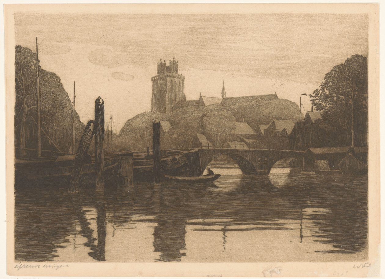 Utsikt över Nieuwe Haven och Grote Kerk i Dordrecht av Willem Witsen (signed by artist)