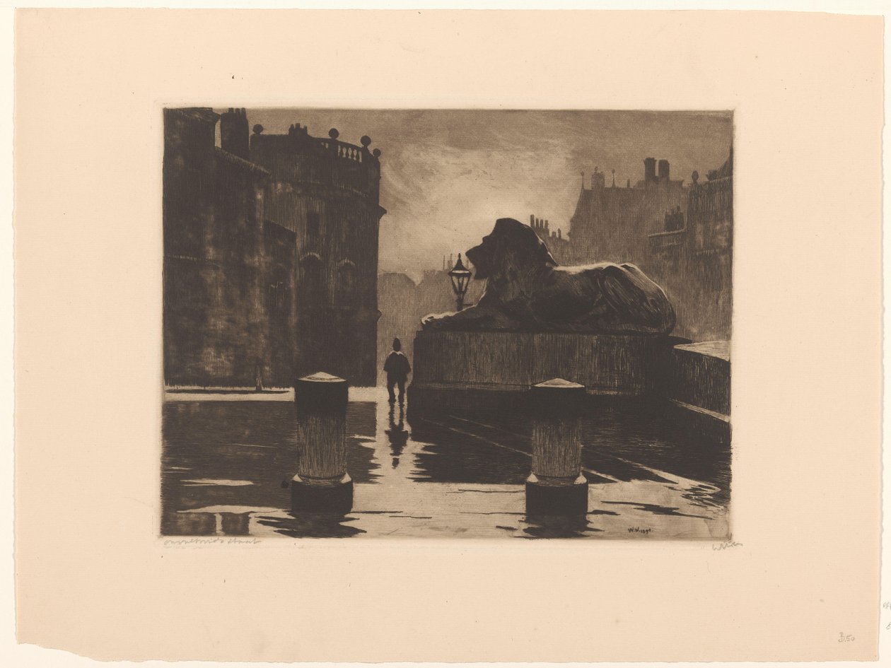 Trafalgar Square med bronslejon i London av Willem Witsen (signed by artist)