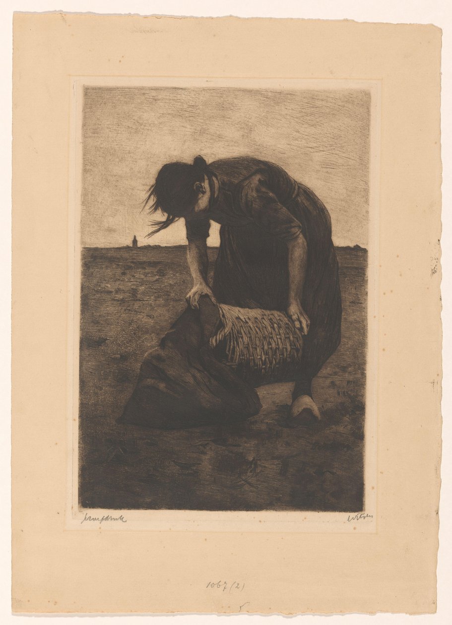 Framlutad potatisskördare med korg och säck av Willem Witsen (signed by artist)