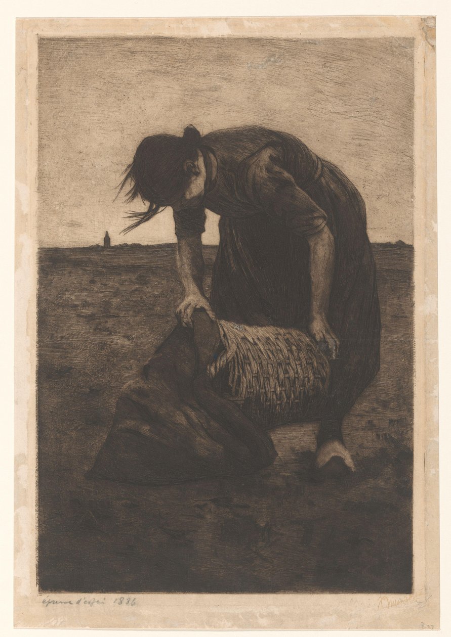Framåtböjd potatisupptagare med korg och påse av Willem Witsen (signed by artist)