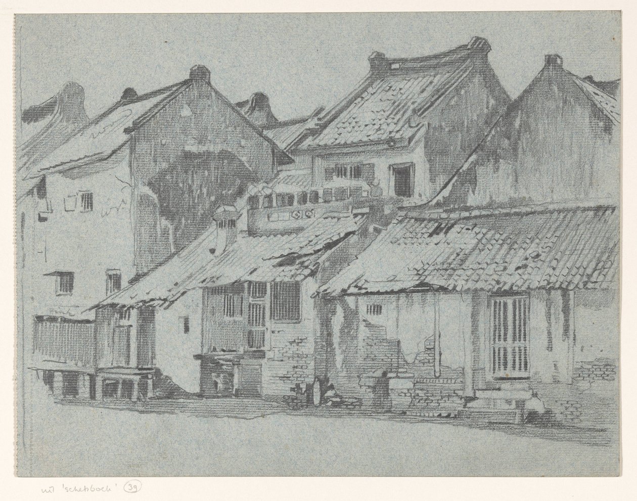 Bakre fasader av hus vid en flod i Batavia av Willem Arnoldus Witsen