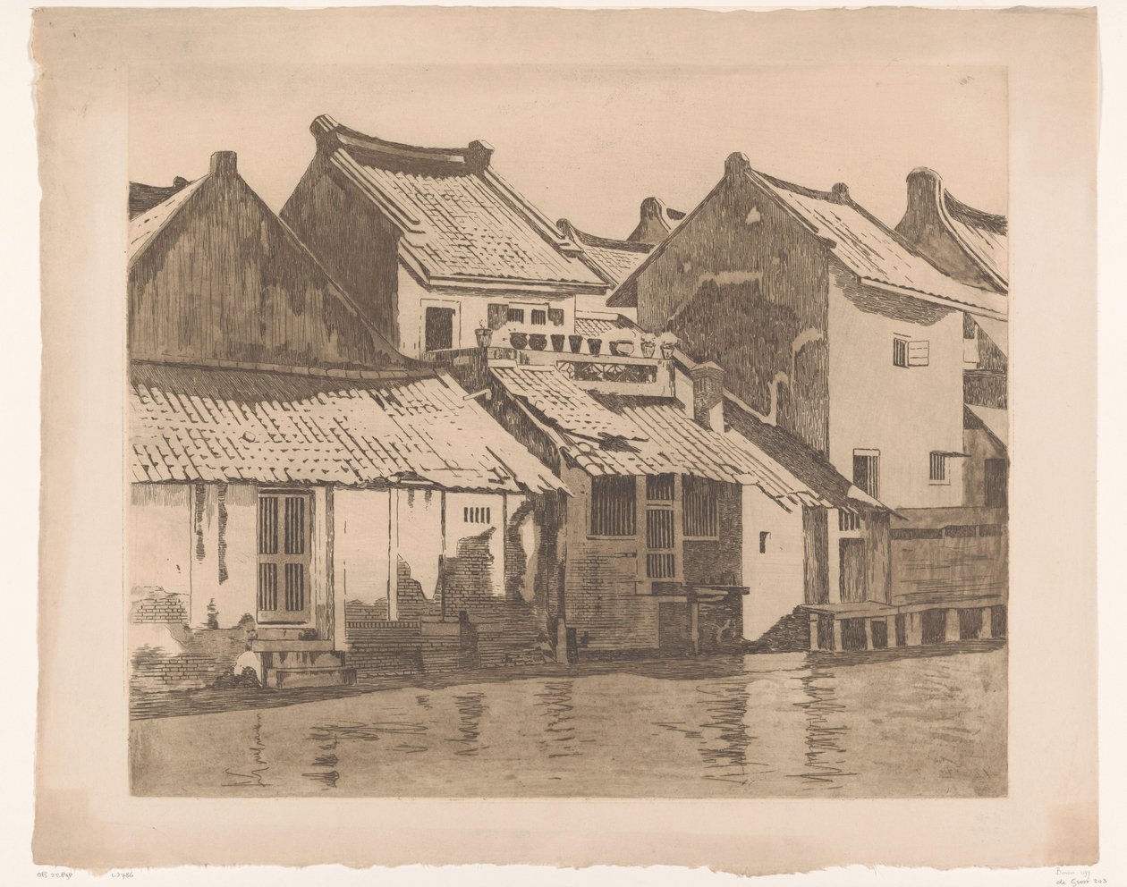 Baksidor av bostadshus vid en flod i Batavia av Willem Witsen