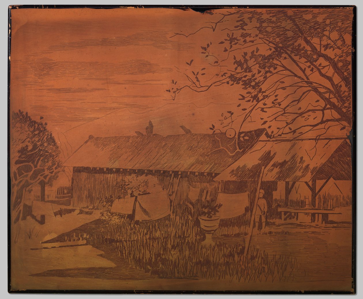 Gambar, lång uthus, torkande tvätt i förgrunden av Willem Arnoldus Witsen