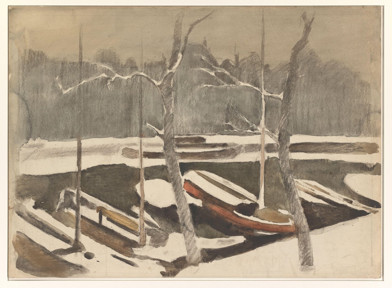 Förtöjda pråmar på en snöig kanal av Willem Arnoldus Witsen