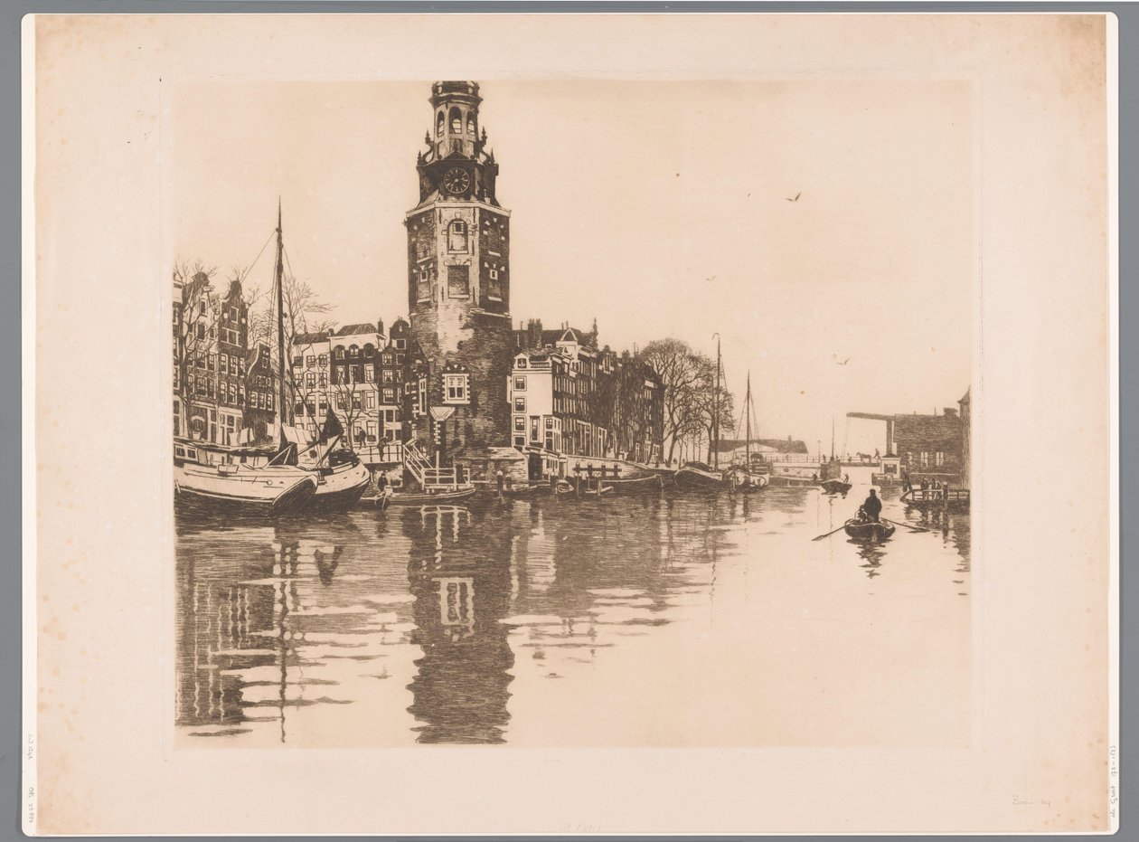 Utsikt över Montelbaanstoren i Amsterdam Oude Schans med Montelbaanstoren och roddbåt (originaltitel) av Willem Arnoldus Witsen