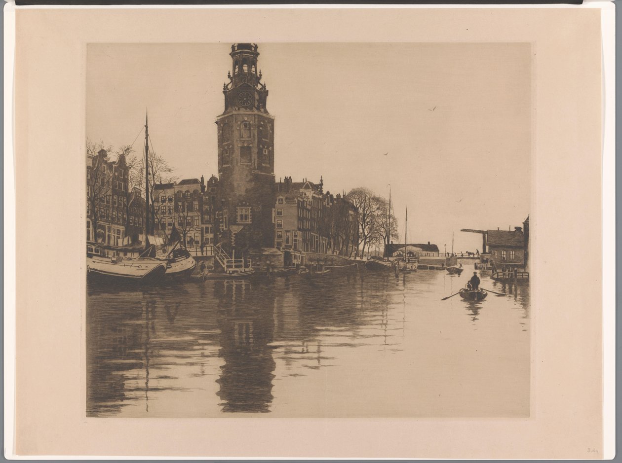 Utsikt över Montelbaanstoren i Amsterdam Gamla Schans med Montelbaanstoren och roddbåt (originaltitel) av Willem Arnoldus Witsen