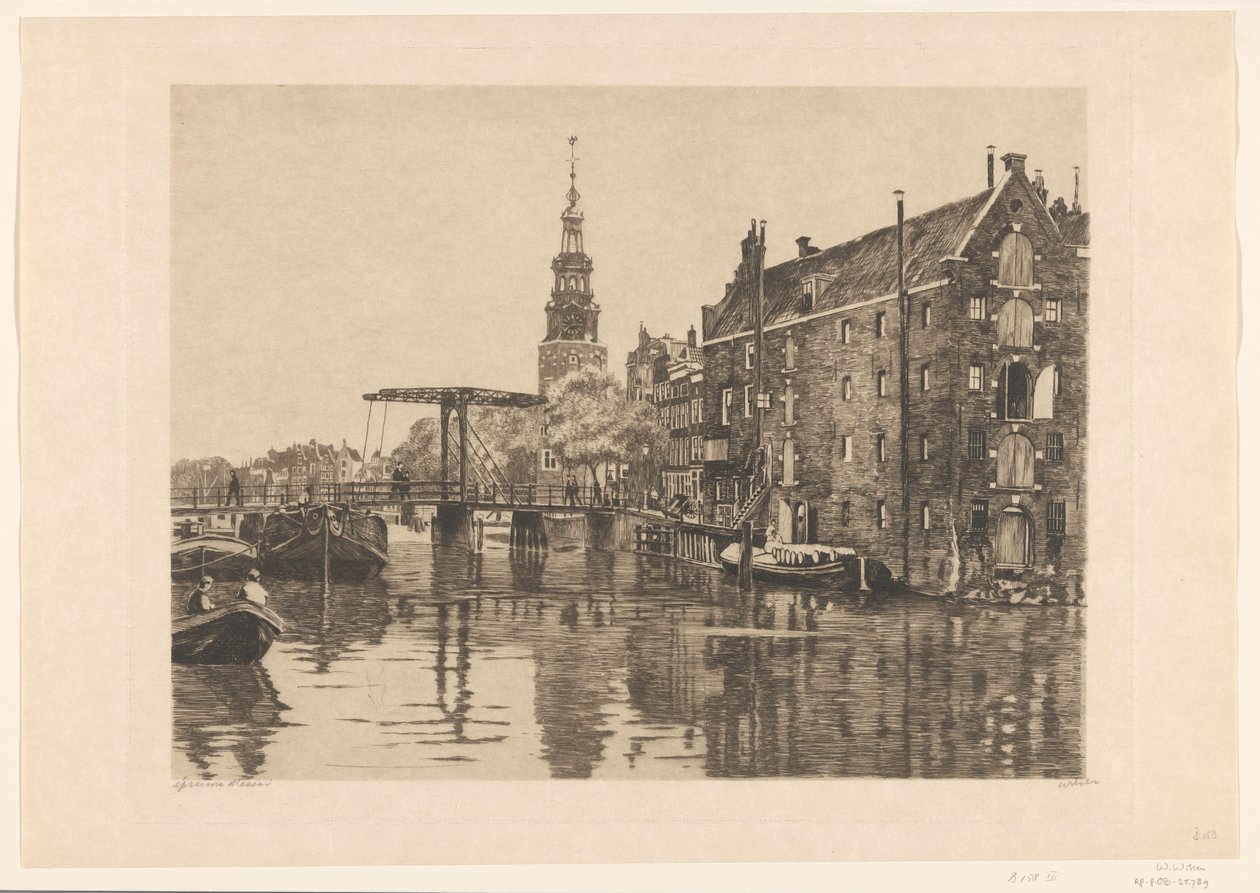 Vy över en bro på lagret Sverige i Amsterdam av Willem Arnoldus Witsen