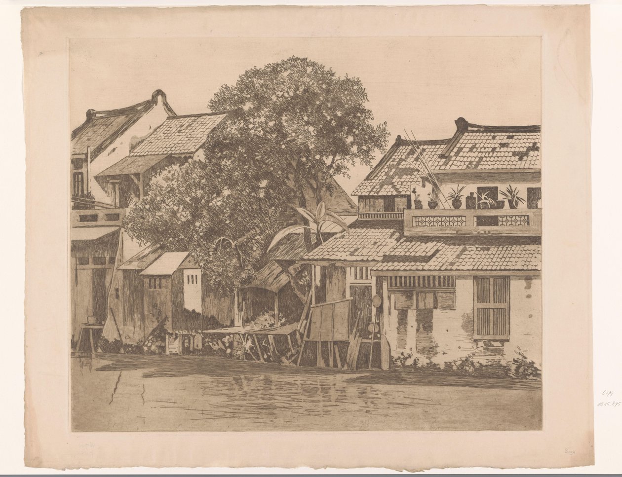 Vy över hus vid en flod i Batavia Hus på kali. Träd mellan husen, Batavia (originaltitel) av Willem Arnoldus Witsen