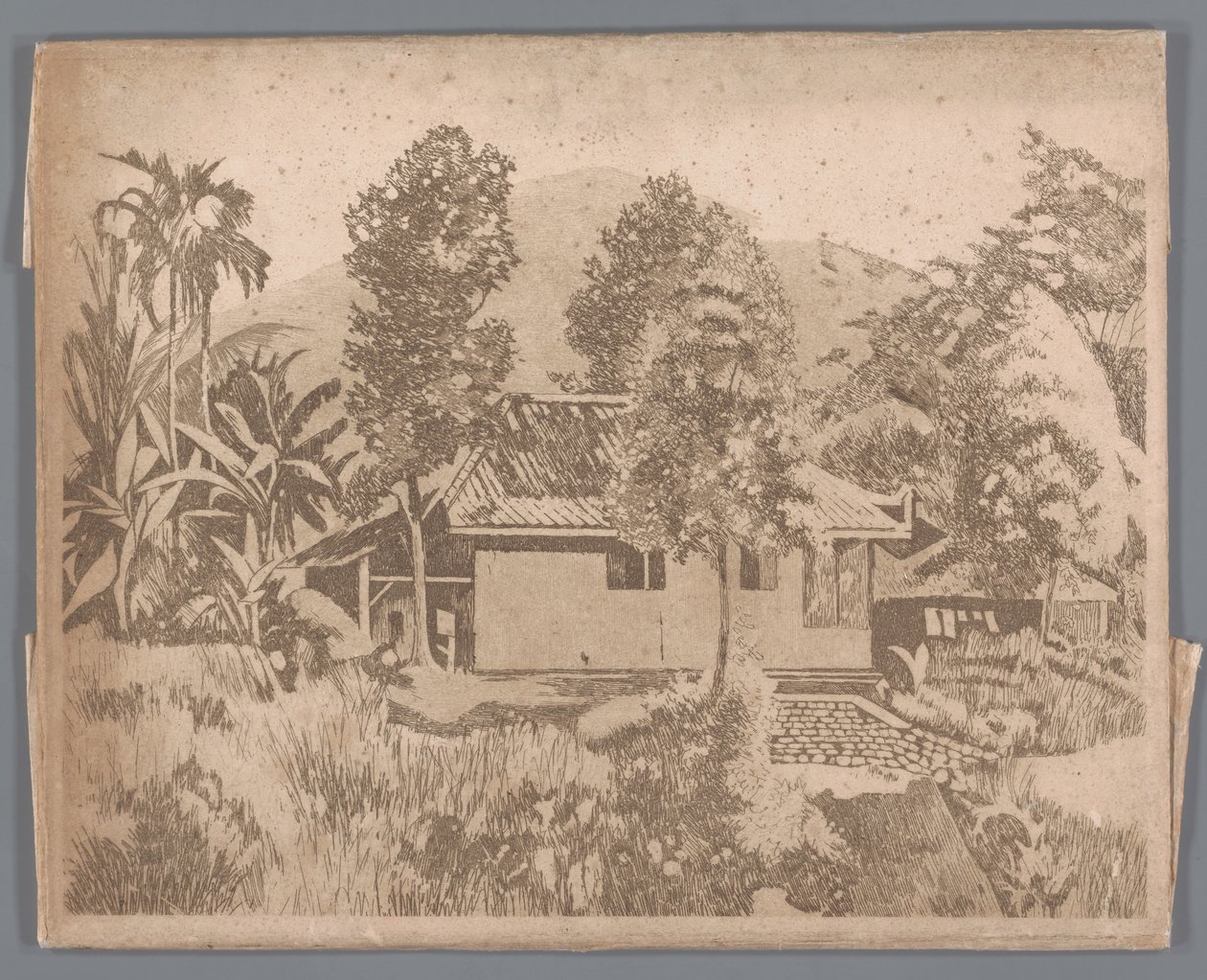 Hus med vulkanen Salak(?) i bakgrunden, Buitenzorg av Willem Arnoldus Witsen