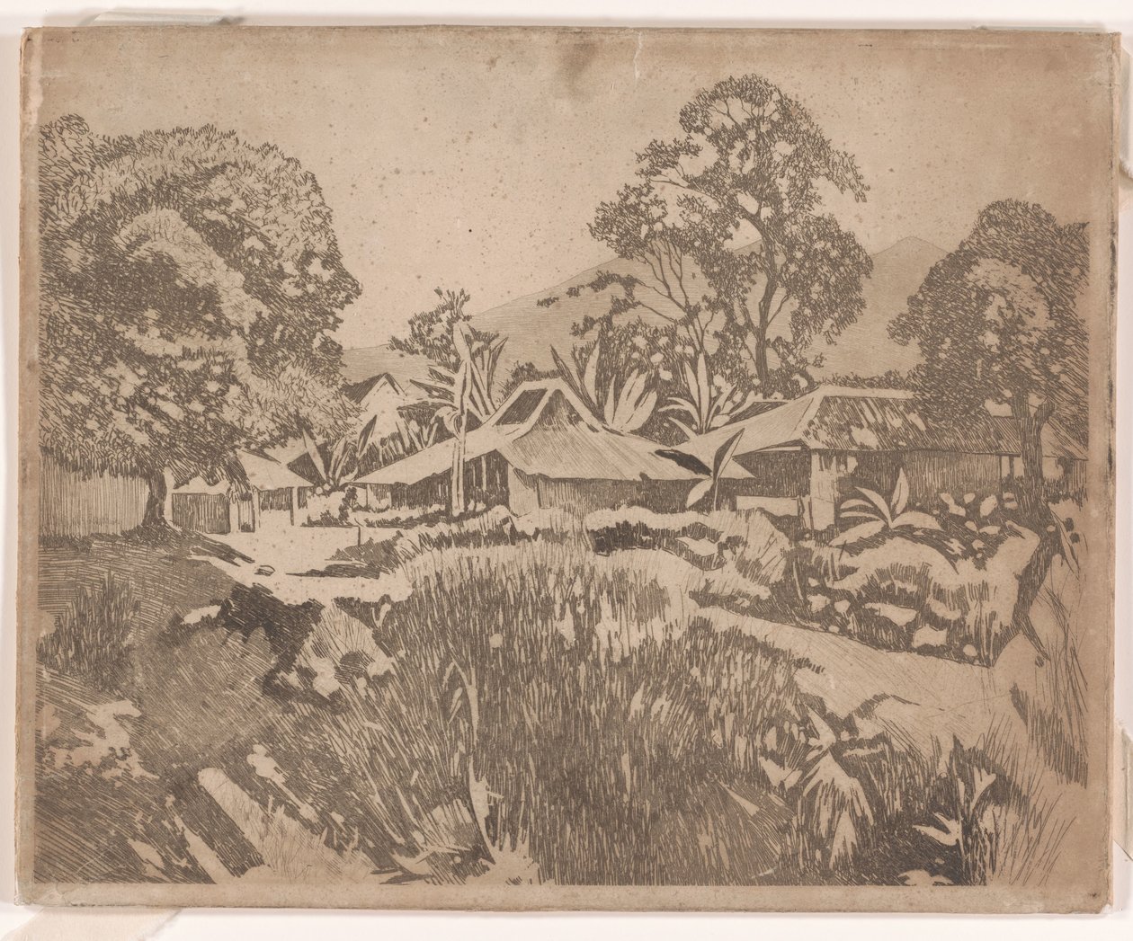 Hus i kampong med vulkanerna Salak och Gedeh i bakgrunden, Buitenzorg av Willem Arnoldus Witsen
