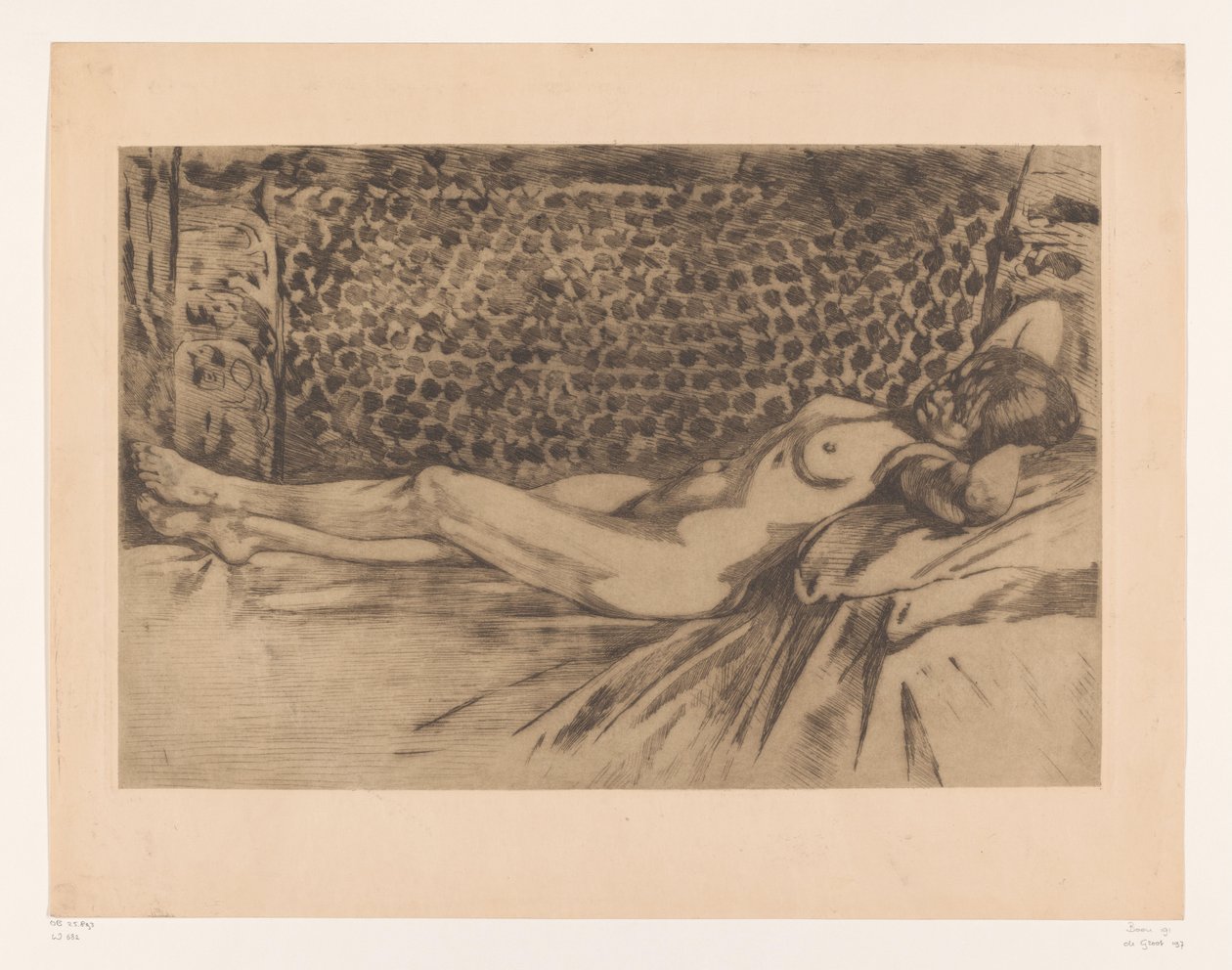 Naken ung kvinna liggande på en soffa Naken, liggande på rygg på en soffa, händerna under huvudet (originaltitel) av Willem Arnoldus Witsen