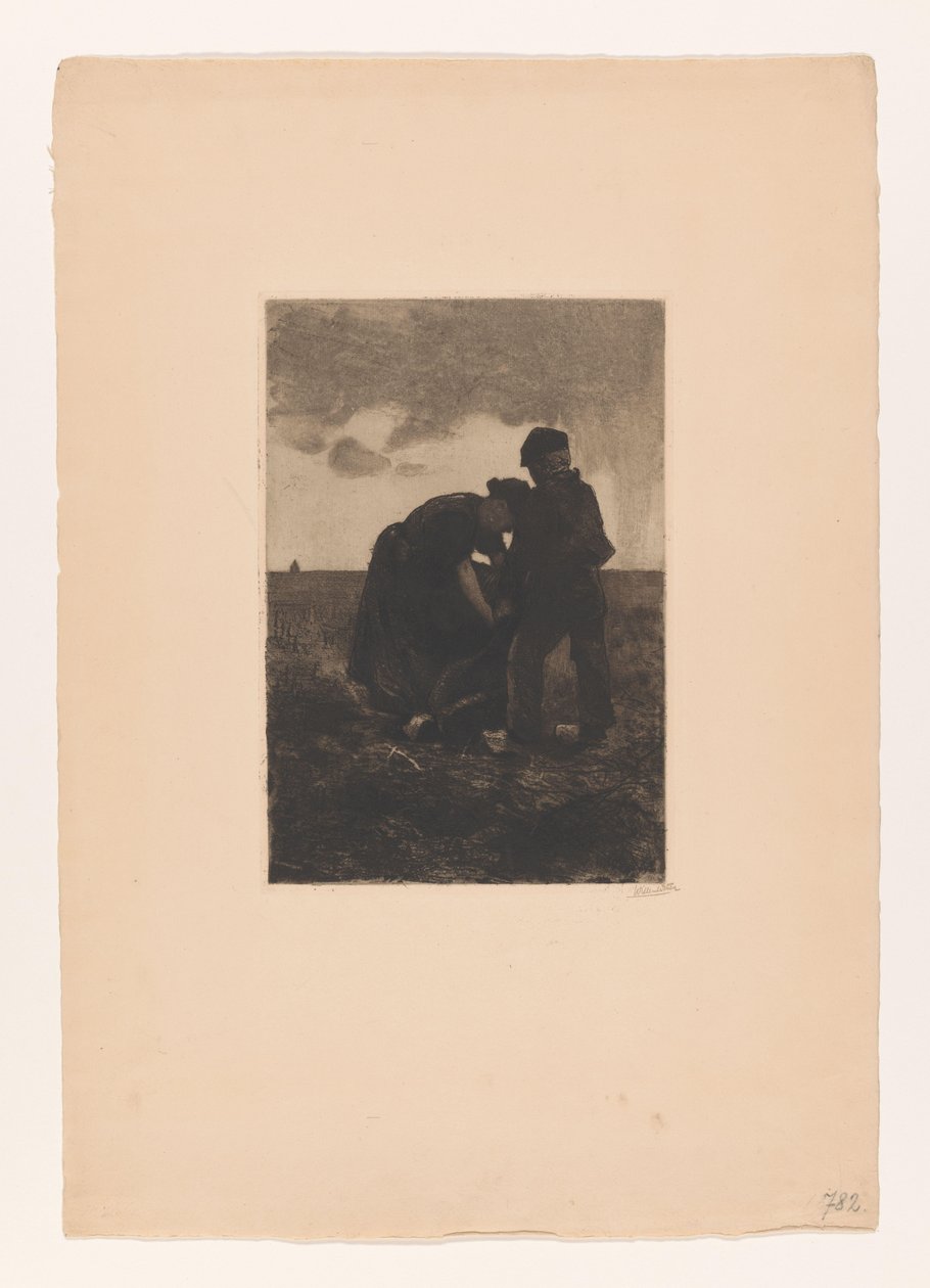 Kvinna och pojke i träskor med en jutepåse på fältet Potatisskörd (originaltitel) av Willem Arnoldus Witsen