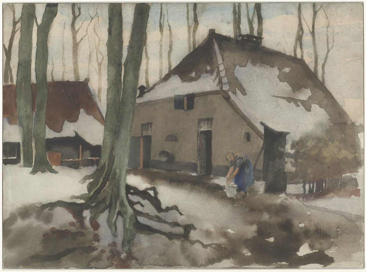 Kvinna framför ett hus i en snöig skog av Willem Arnoldus Witsen