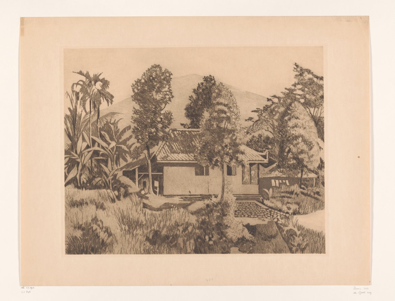 Hemma i Bogor med ett berg i bakgrunden Hus med vulkanen Salak(?) i bakgrunden, Buitenzorg (originaltitel) av Willem Arnoldus Witsen