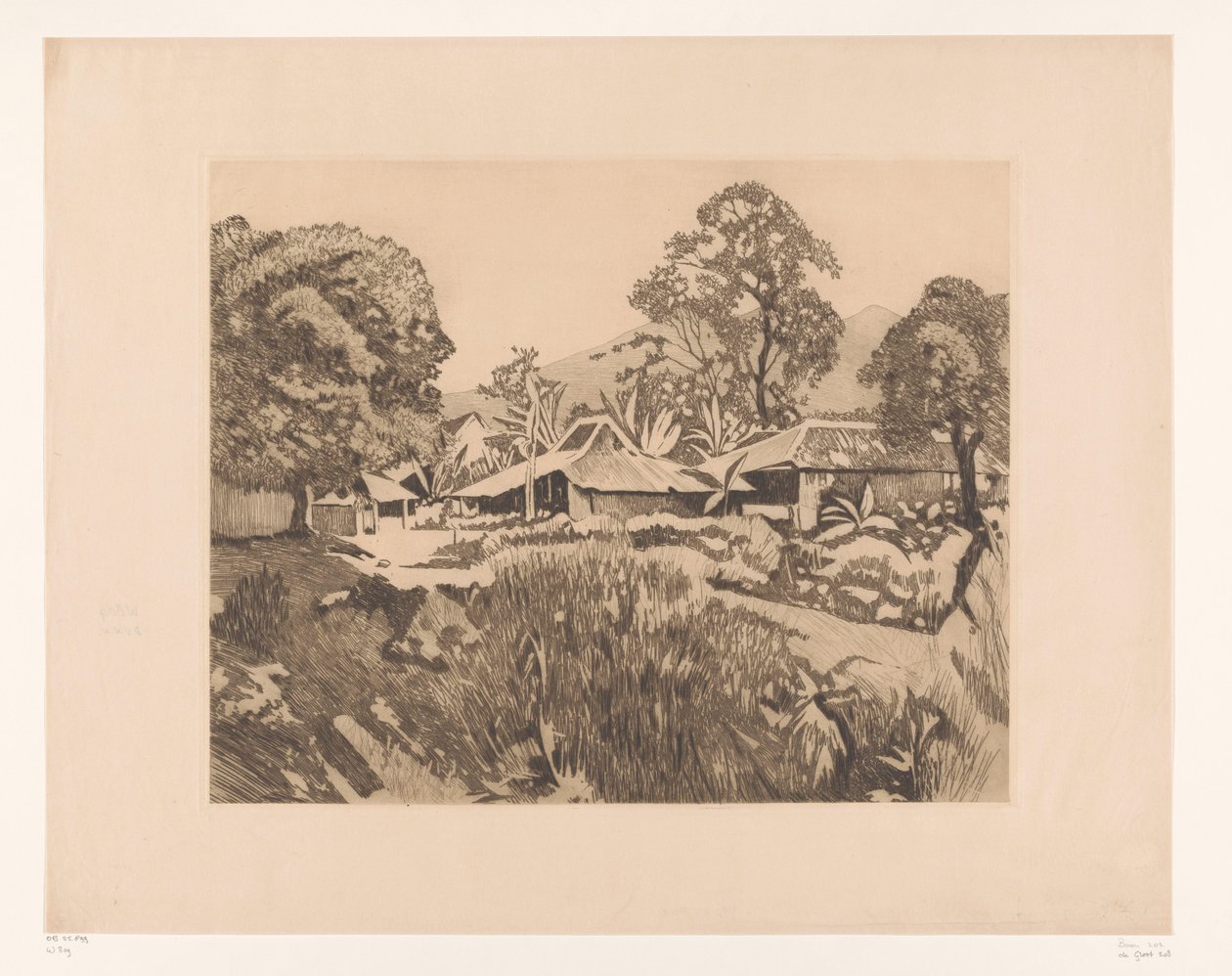 Hem i Bogor före vulkanerna Salak och Gede Hus i kampong med vulkanerna Salak och Gedeh i bakgrunden, Buitenzorg (originaltitel) av Willem Arnoldus Witsen