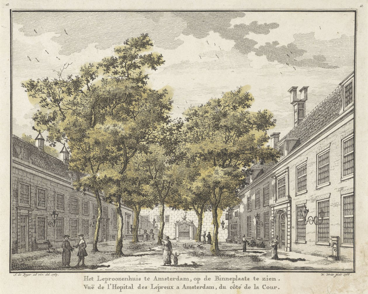 Utsikt över innergården till Leprozenhuis i Amsterdam av Willem Writs