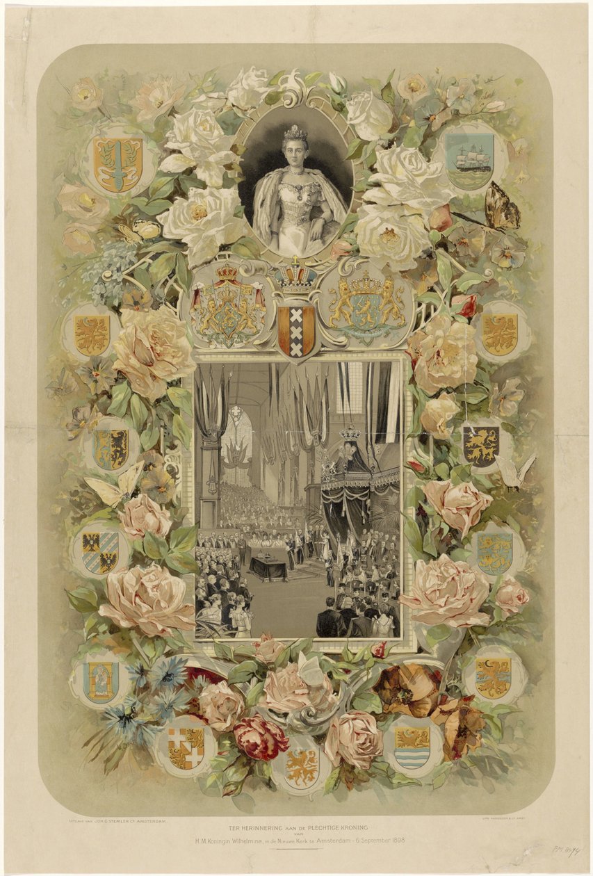Till minne av HM Drottning Wilhelminas högtidliga kröning i Nieuwe Kerk i Amsterdam - 6 september 1898 (titel på objektet) av Willem Zwart
