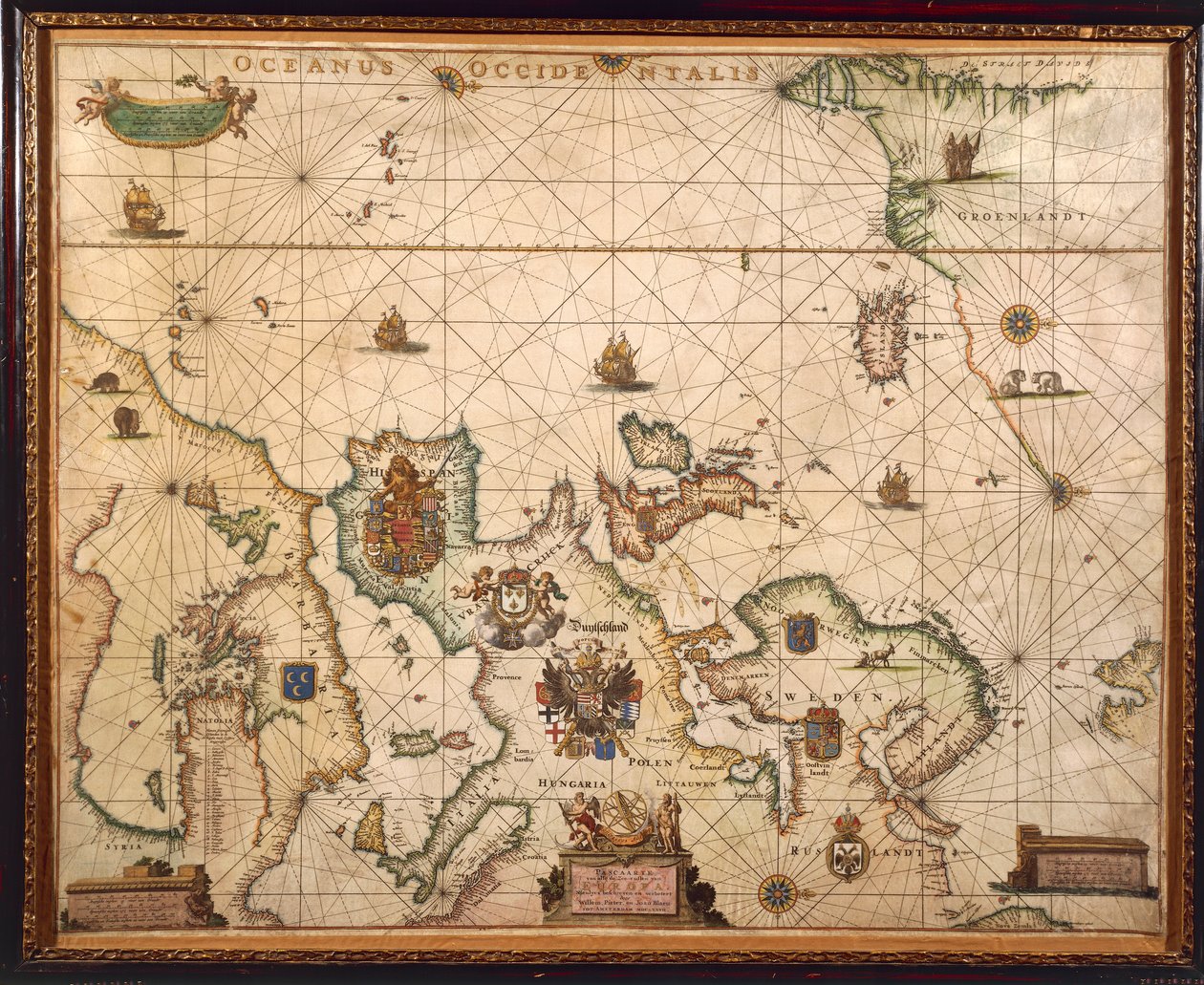 Europeiska kusten, karta på Parchment av Willem och Joan Blaeu av Willem and Joan  Blaeu