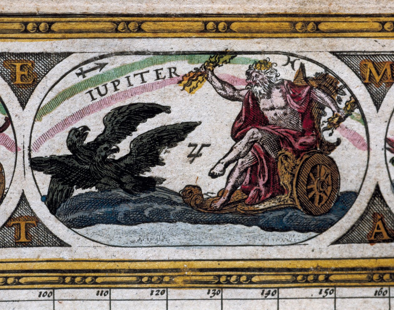 Representation av guden Jupiter som kämpar mot svarta örnar i sin vagn (gravyr) i "Le Theatre du Monde" av Willem and Joan  Blaeu
