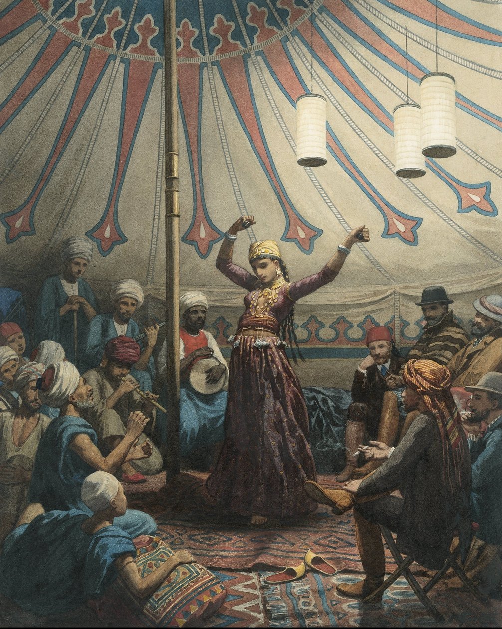 Egyptisk dansare i ett tält, med musiker och åskådare av Willem de Famars Testas