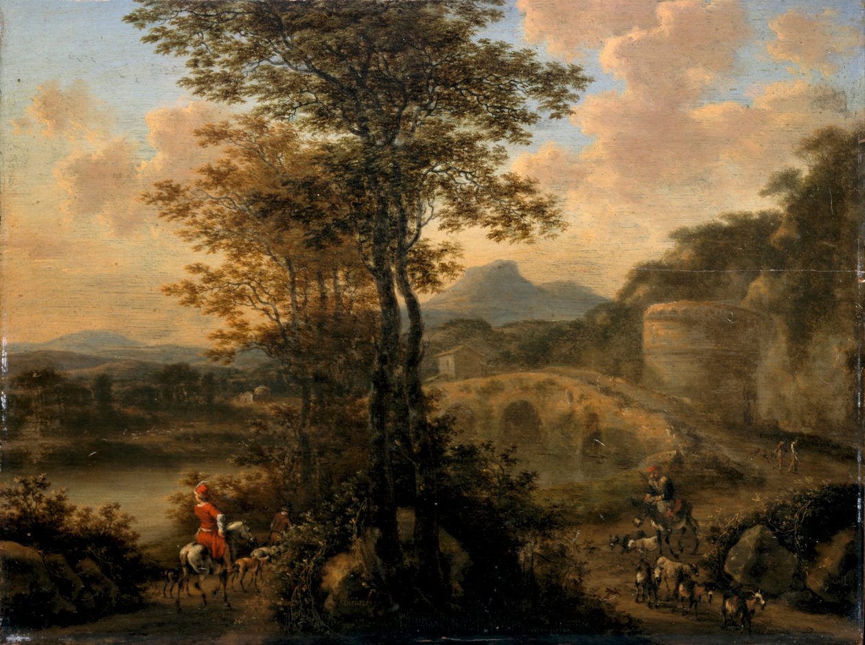 Italienskt flodlandskap med stenbro, 1650 av Willem de Heusch