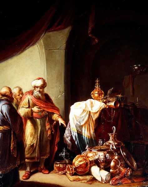 Croesus visar sina rikedomar för Solon (olja på panel) av Willem de Poorter