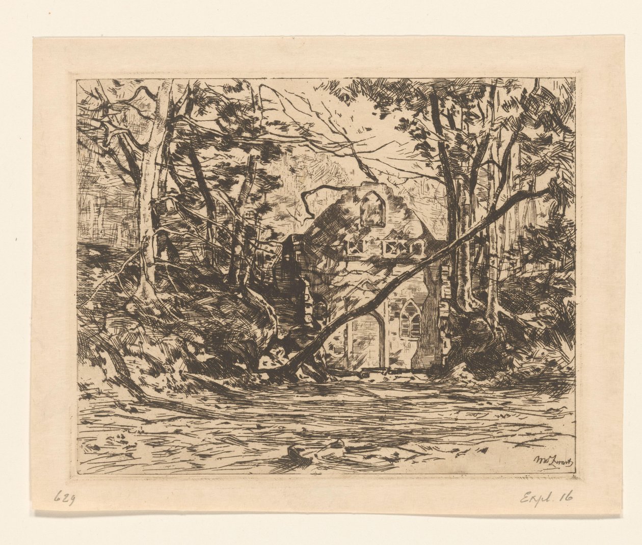 Ruin i en skog Ruin med uppryckt träd (Lage Vuursche) (originaltitel) av Willem de Zwart
