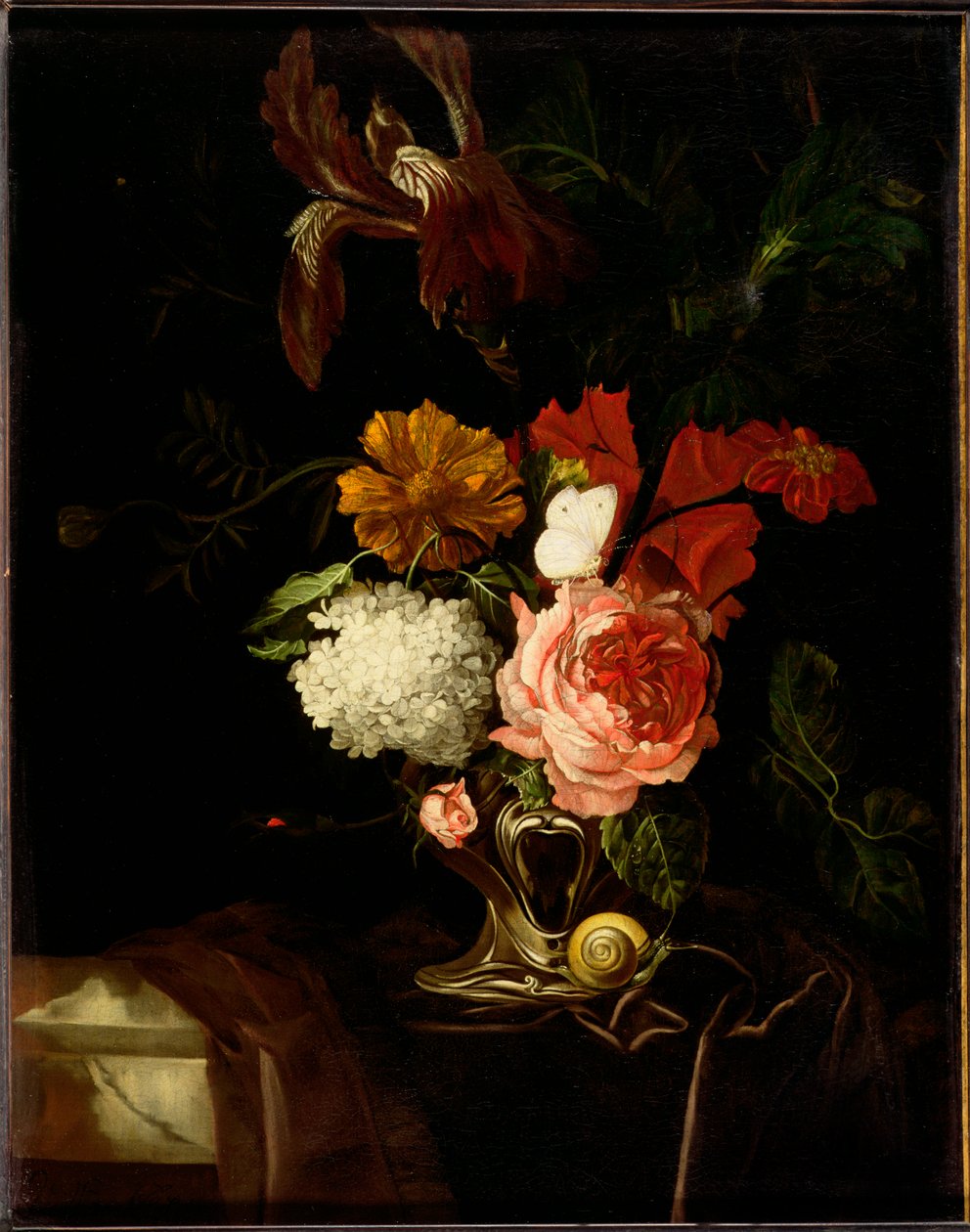 En ros och iris, lila och andra blommor i en öronformad silvervas med en snigel och en fjäril på en draperad avsats (olja på duk) av Willem van (attr. to) Aelst