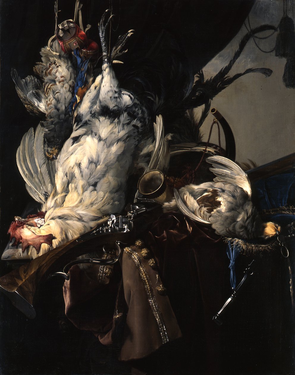 Tyska: Stilleben mit gelegten Vögeln und Jagdgeräten Stillleben med vilt och jaktutrustning av Willem van Aelst