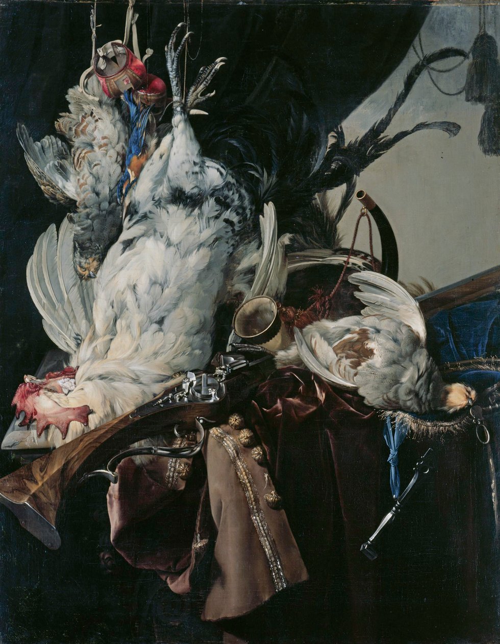 Tyska: Stilleben mit gelegten Vögeln und Jagdgeräten Stillleben med vilt och jaktutrustning av Willem van Aelst