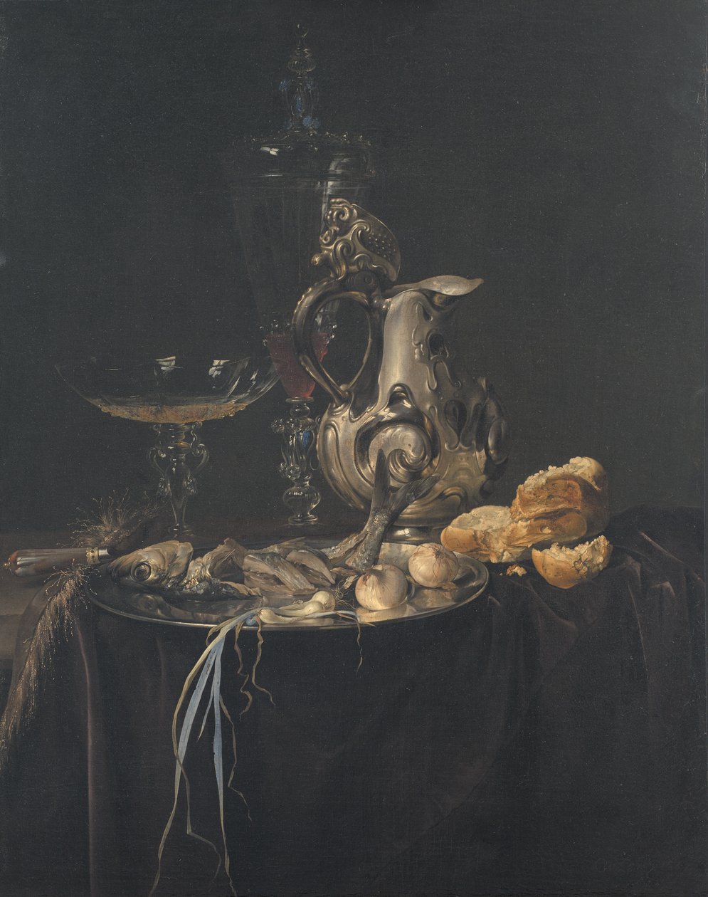 Fortfarande liv. Frukostbit med silverkanna av Willem van Aelst