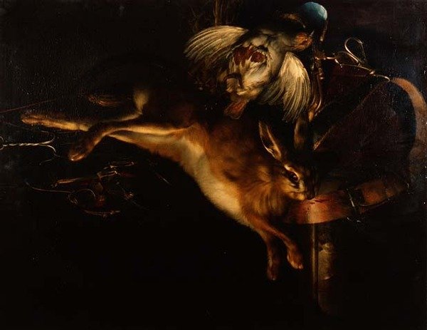 Stilleben av en hare, en rapphöna och jaktutrustning som hänger ovanför en marmoravsats av Willem van Aelst