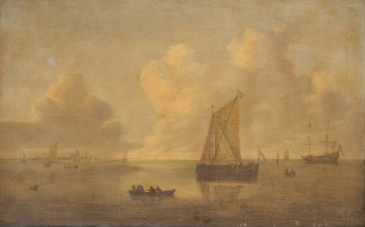 Havslandskap med en stad i bakgrunden av Willem van Diest