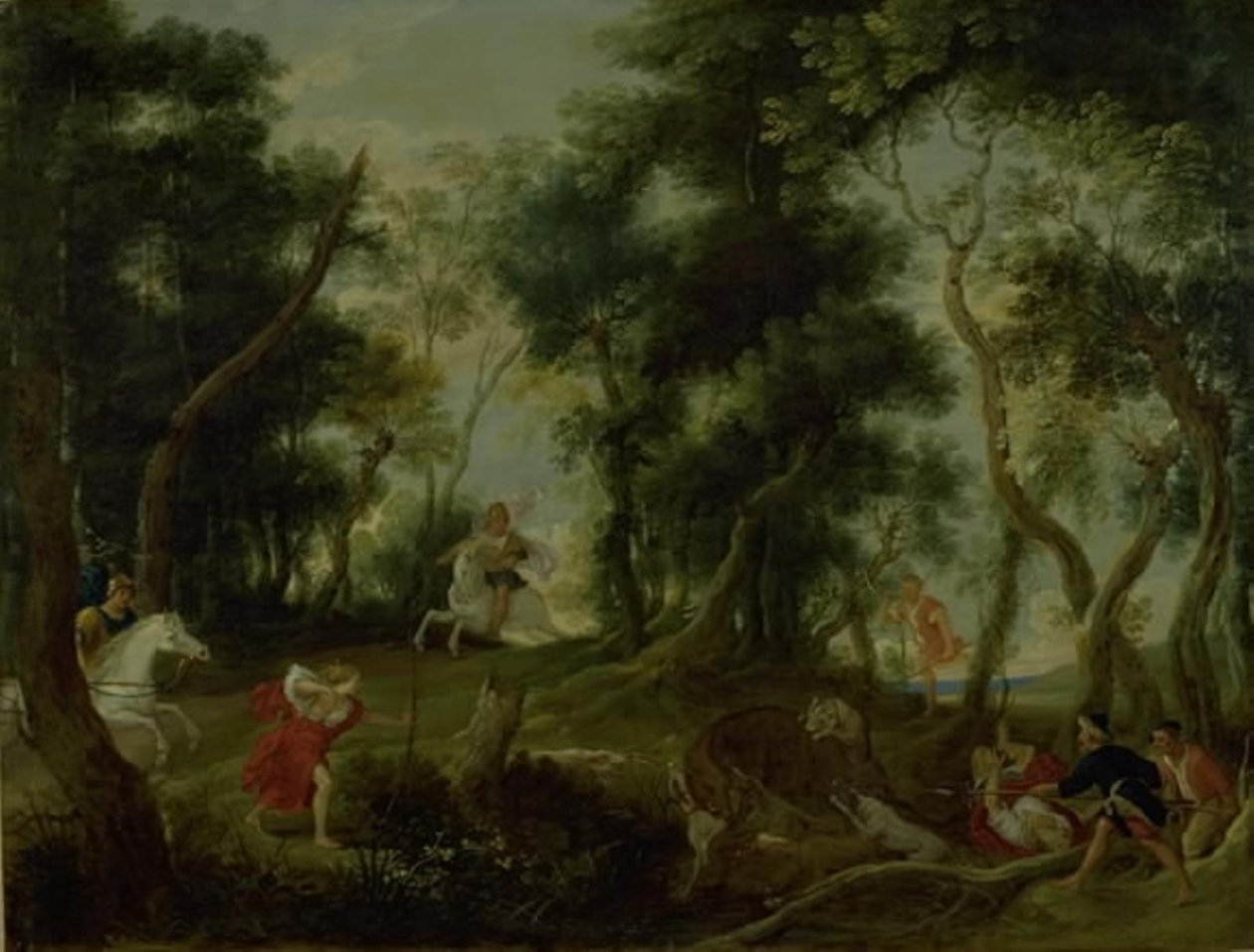 Landskap med Atalanta och Meleager som jagar Calydonian Boar av Willem van Herp