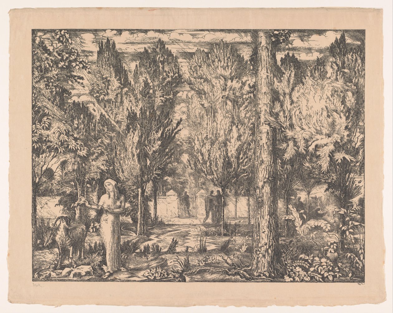 Kvinna och bagge i muromgärdad trädgård The Park (originaltitel) av Willem van Konijnenburg (signed by artist)