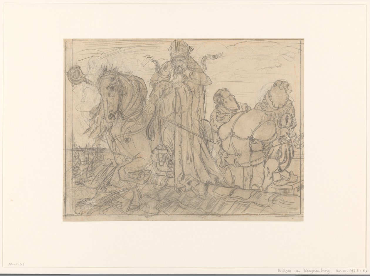 Sinterklaas med två Piets på ett tak av Willem van Konijnenburg