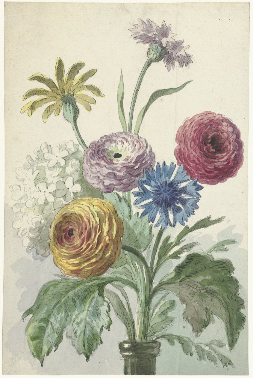 Bukett blommor i halsen på en grön vas av Willem van Leen