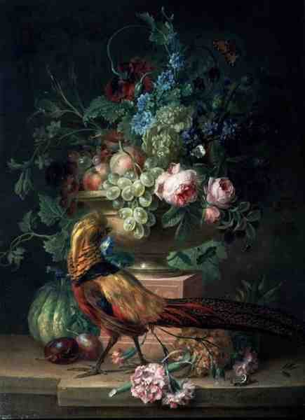 Stilleben med blommor och en fasan (olja på duk) av Willem van Leen