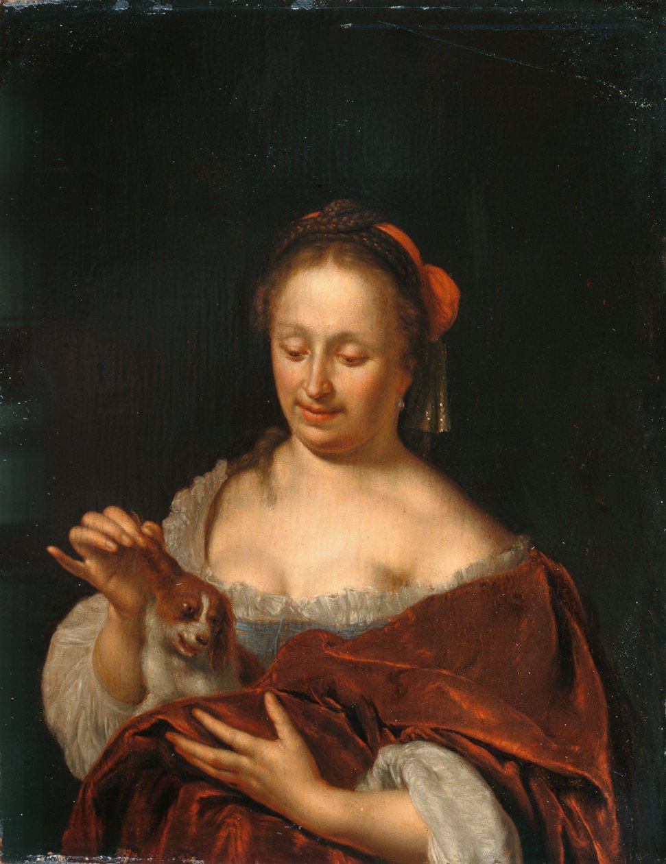 En dam som sitter och håller i en liten hund (olja på panel) av Willem Van Mieris