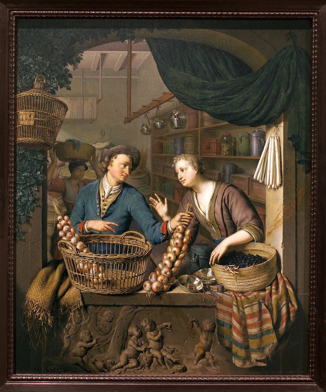 Lökförsäljare. Målning av Willem van Mieris (1662-1747), olja på trä av Willem Van Mieris
