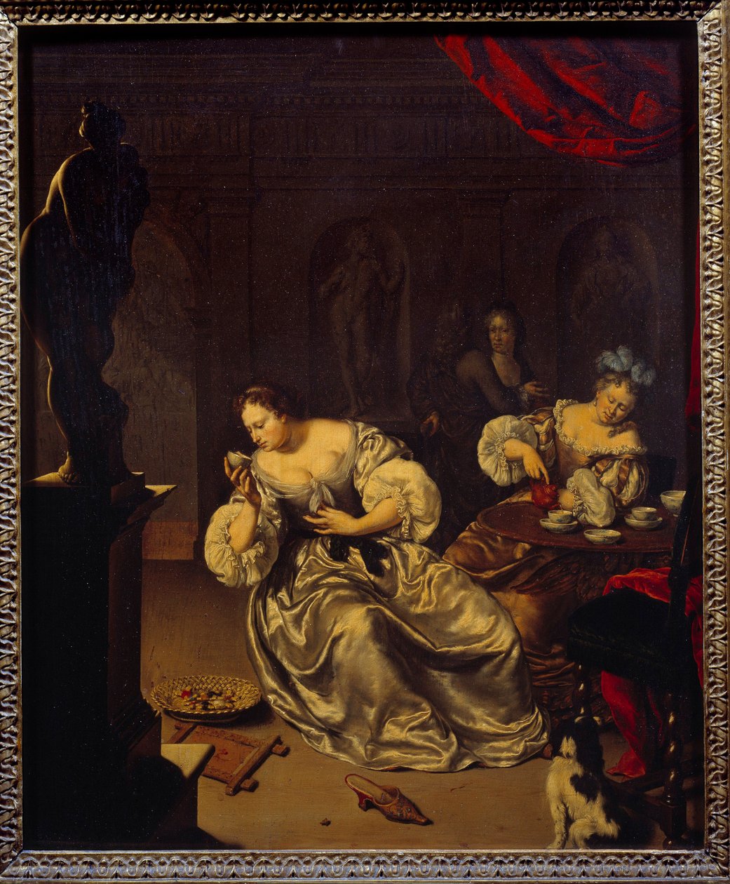 Kvinnorna från den holländska adeln tar teet. Målning av Willem van Mieris (1662-1747) (ec.holl.) 1700-talet sön. 0,42x0,34 m av Willem Van Mieris