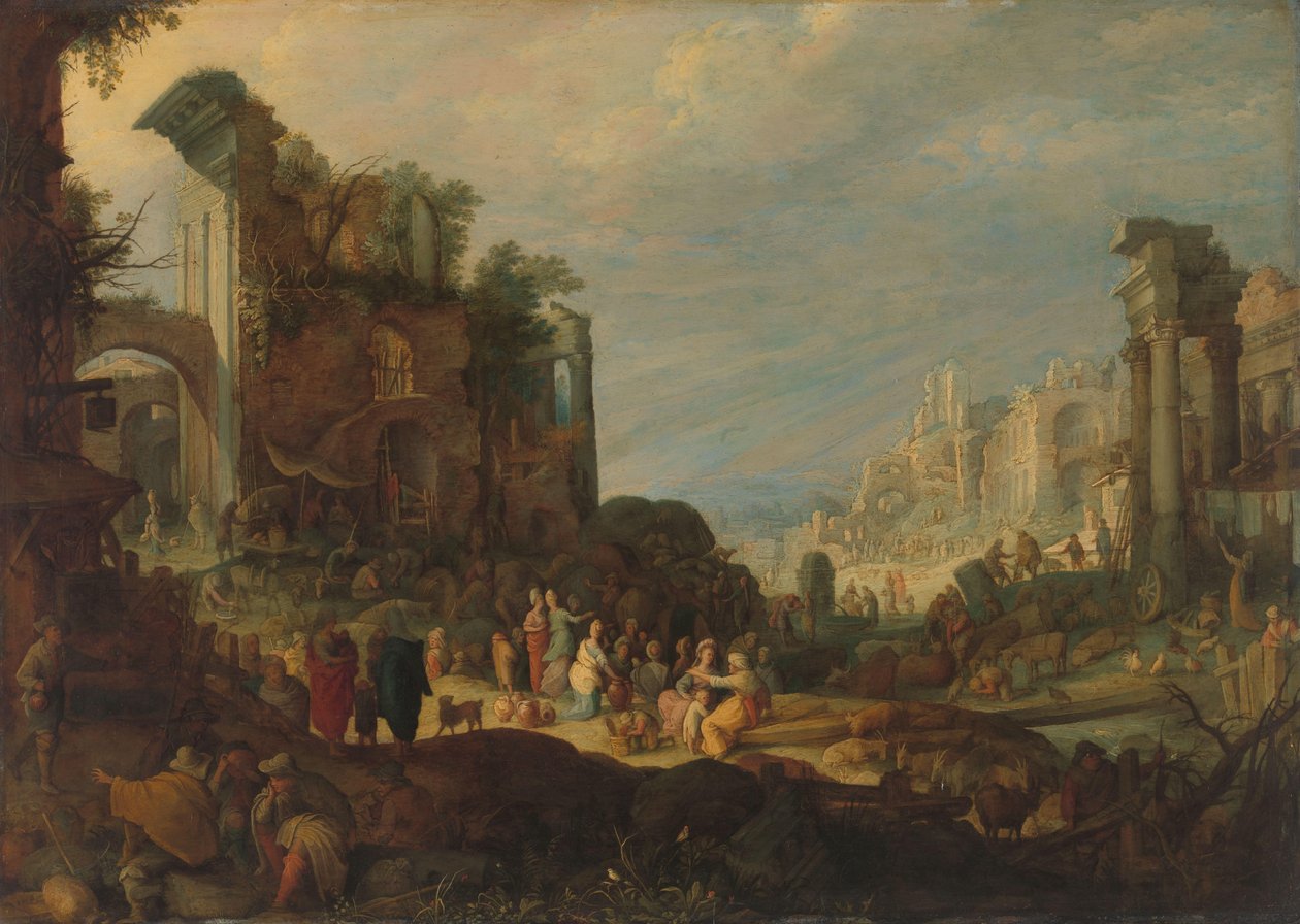 Resenärer bland romerska ruiner med Rebecca och Eliezer vid brunnen av Willem van Nieulandt (II) (attributed to)