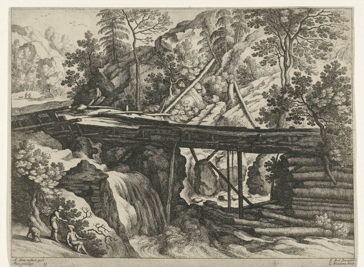 Bergslandskap med träakvedukt Italienska landskap (serietitel) av Willem van Nieulandt (II)